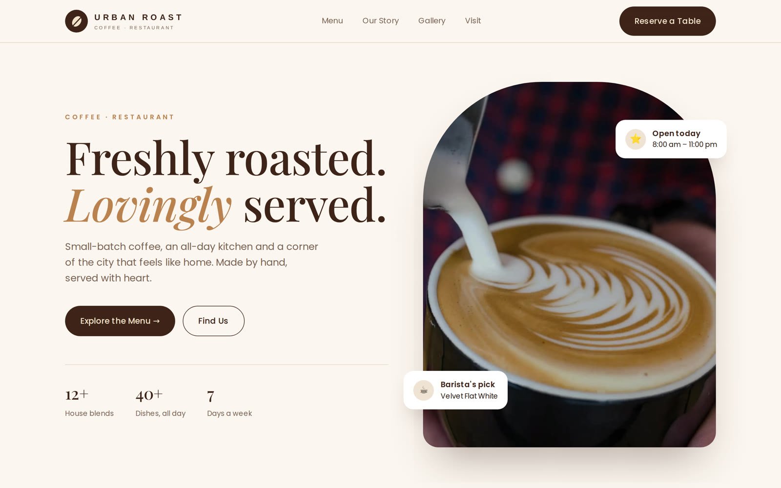 Urban Roast café website homepage designed by Unzii